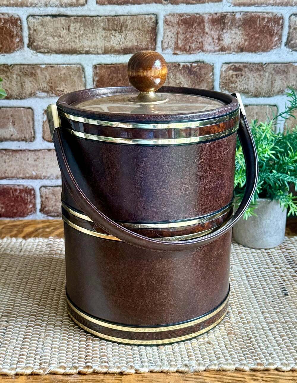 1970s Faux Burl Wood Ice Bucket | Tortoise Shell Barware Gold Tone Trim